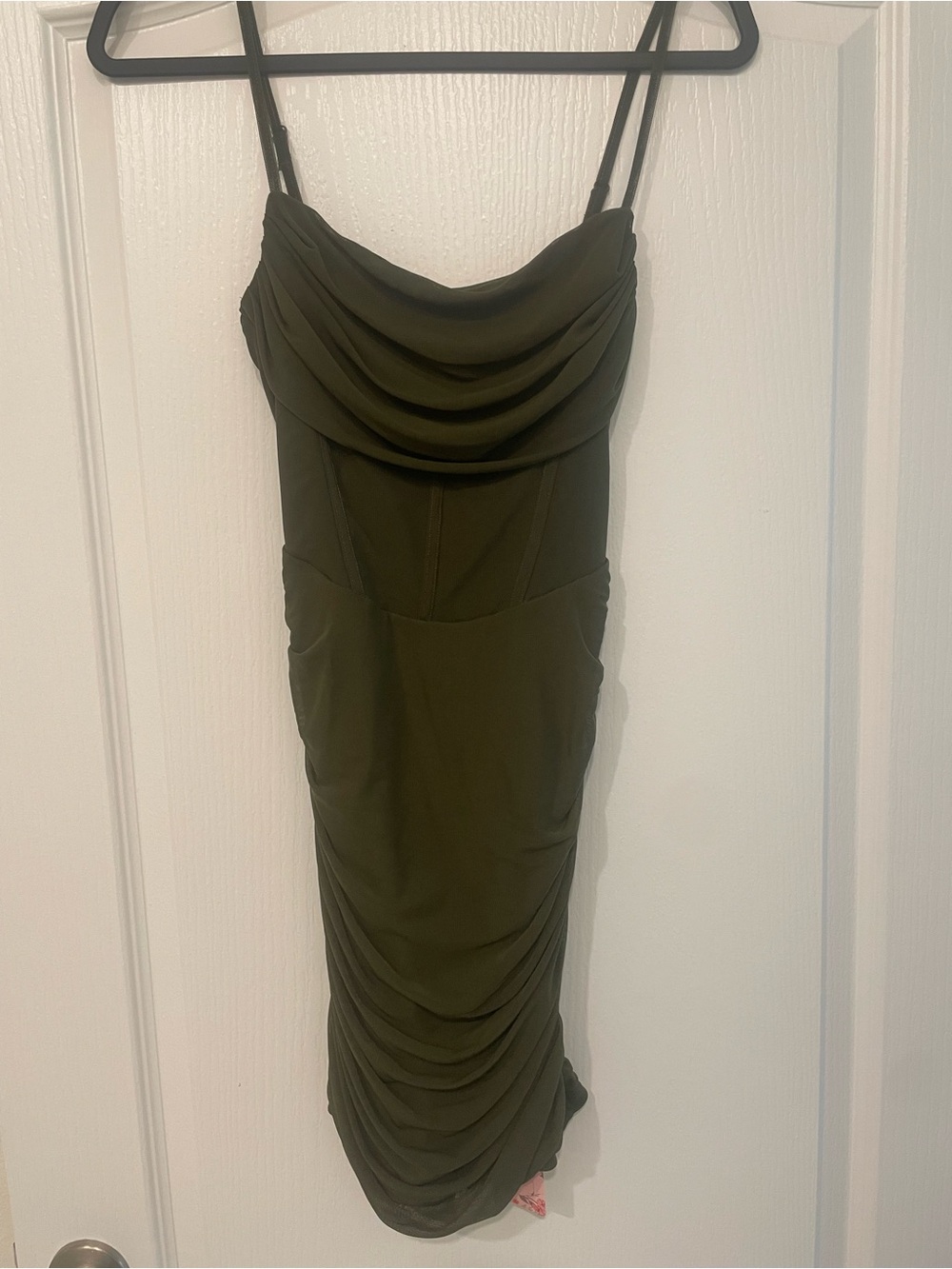 Olive Green Cowl Neck Ruched Slip Dress
